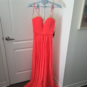 La Femme Strapless Coral Dress with Gold Accents